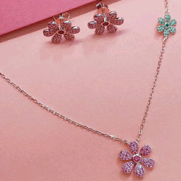 Rose Gold Pink Flower Pendant Set 